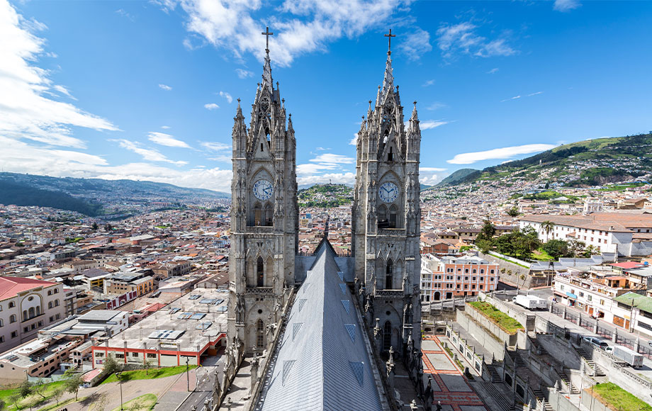 View of the towers of the Basilica in Quito, Ecuador