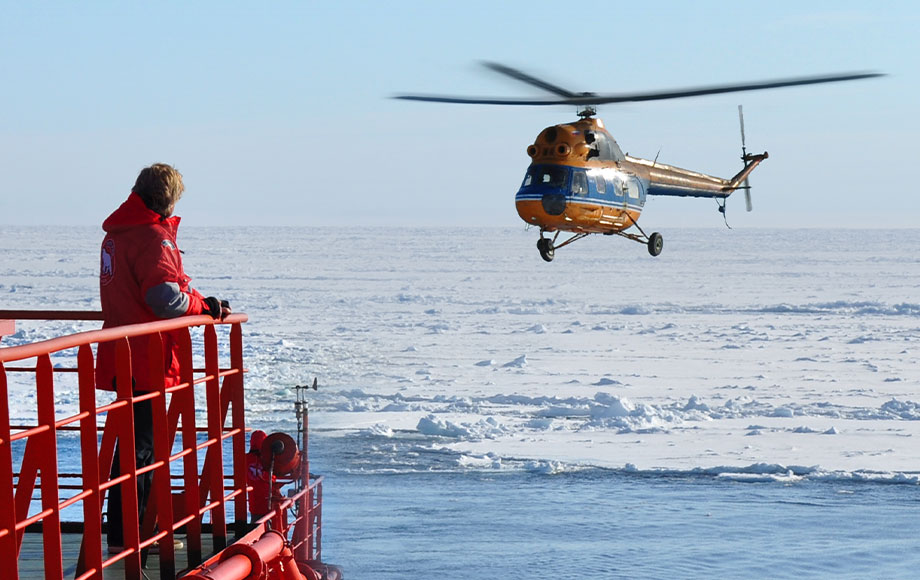 Helicopter flight from the 50 Years of Victory during North Pole Trip