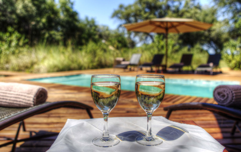 Drinking wine by the pool at Desert and Delta Camp Moremi in Bostwana